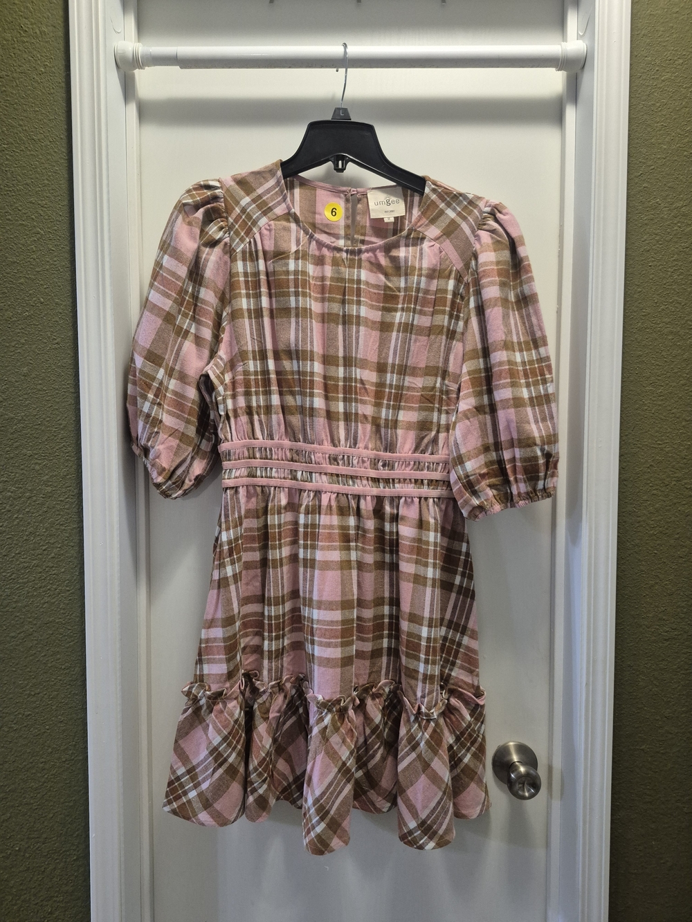 Pink and Brown Plaid Dress with Ruffle Hem